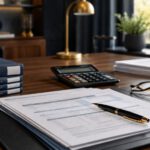 Schreibtisch einer Steuerberatungskanzlei mit Steuerunterlagen, Aktenordnern, Taschenrechner und Stift