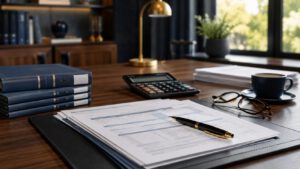 Schreibtisch einer Steuerberatungskanzlei mit Steuerunterlagen, Aktenordnern, Taschenrechner und Stift